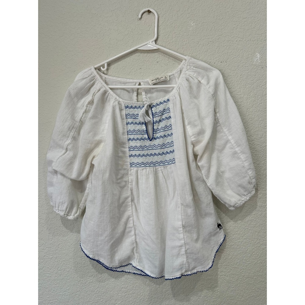 Abercrombie & Fitch White Cotton Gauze Embroidered Peasant Blouse S Blue Trim